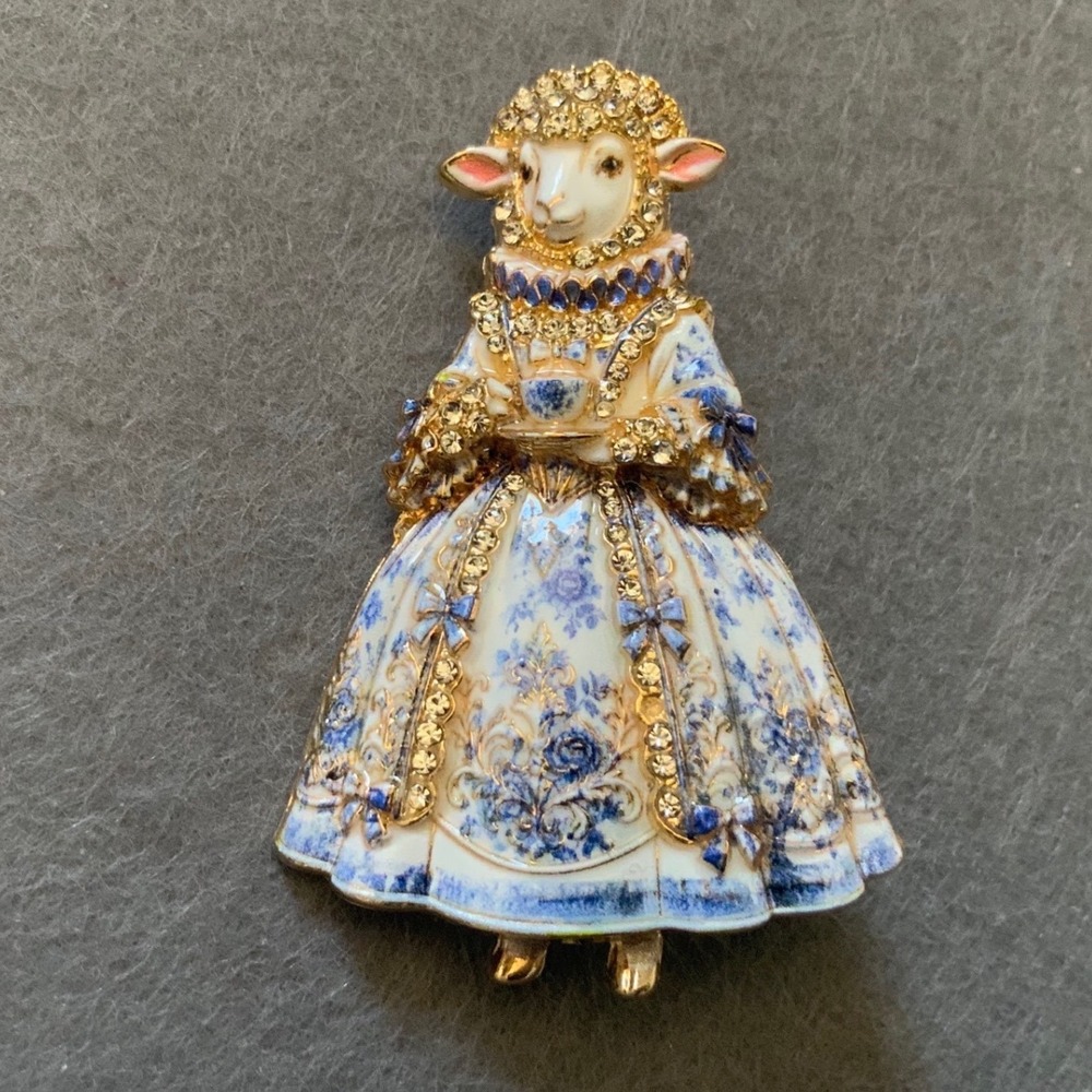 Vintage Style Rhinestone Sheep Lady Brooch Blue White Enamel Princess Lamb Pin